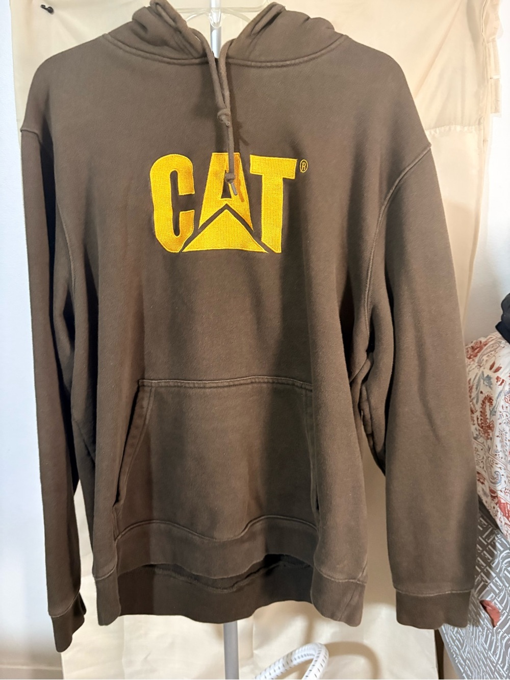 CAT Brown Hoodie with Yellow Logo - Men's Heavyweight Pullover